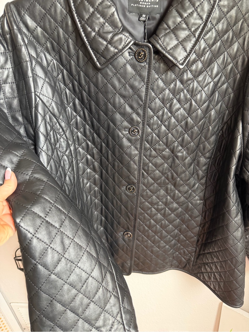 Investments Platinum Suiting Quilted Genuine Lamb Leather Point Collar Jacket - Picture 7 of 12